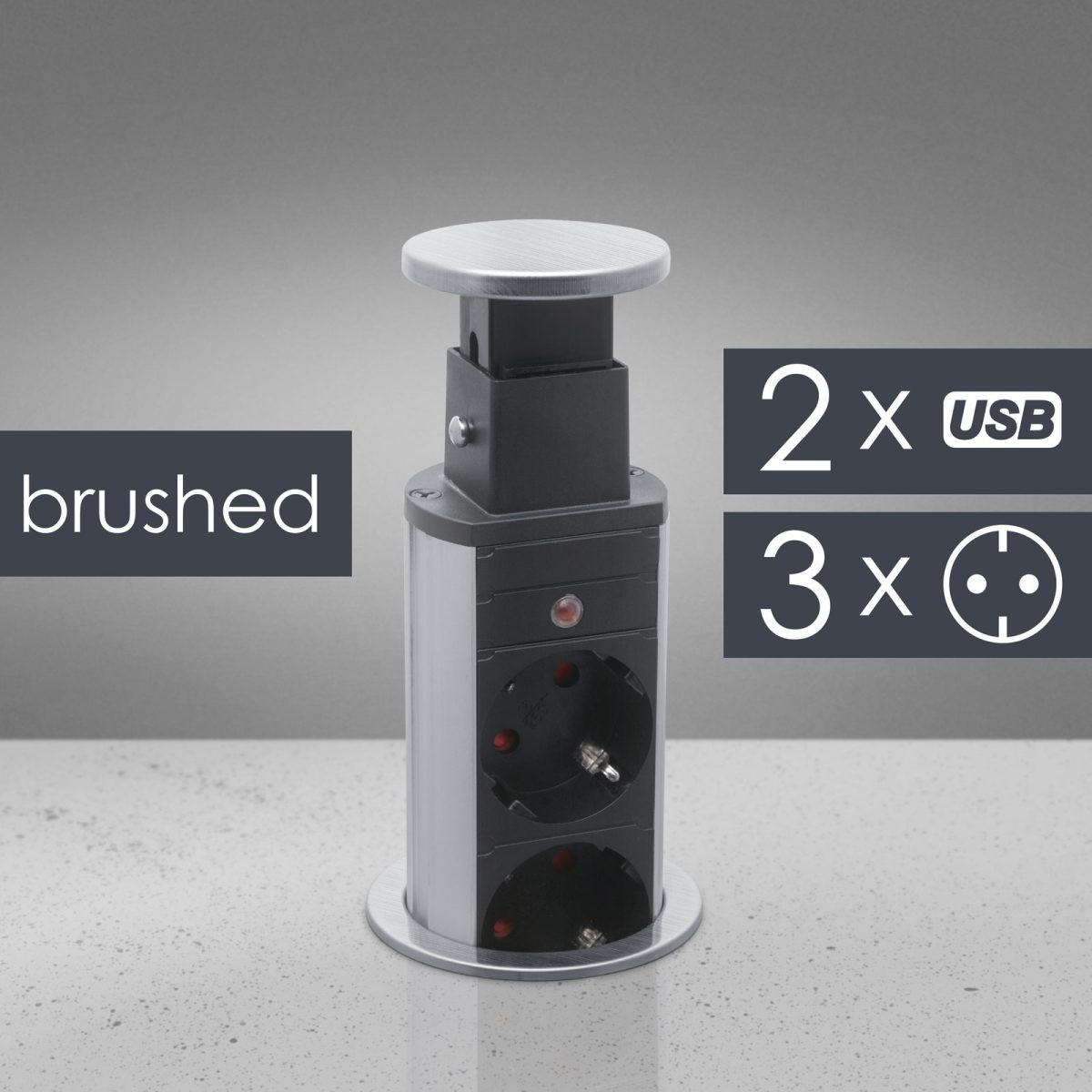 Izvlečni vgradni / potopni razdelilec 3x šuko vtičnica + 2x USB srebrna (brušena)