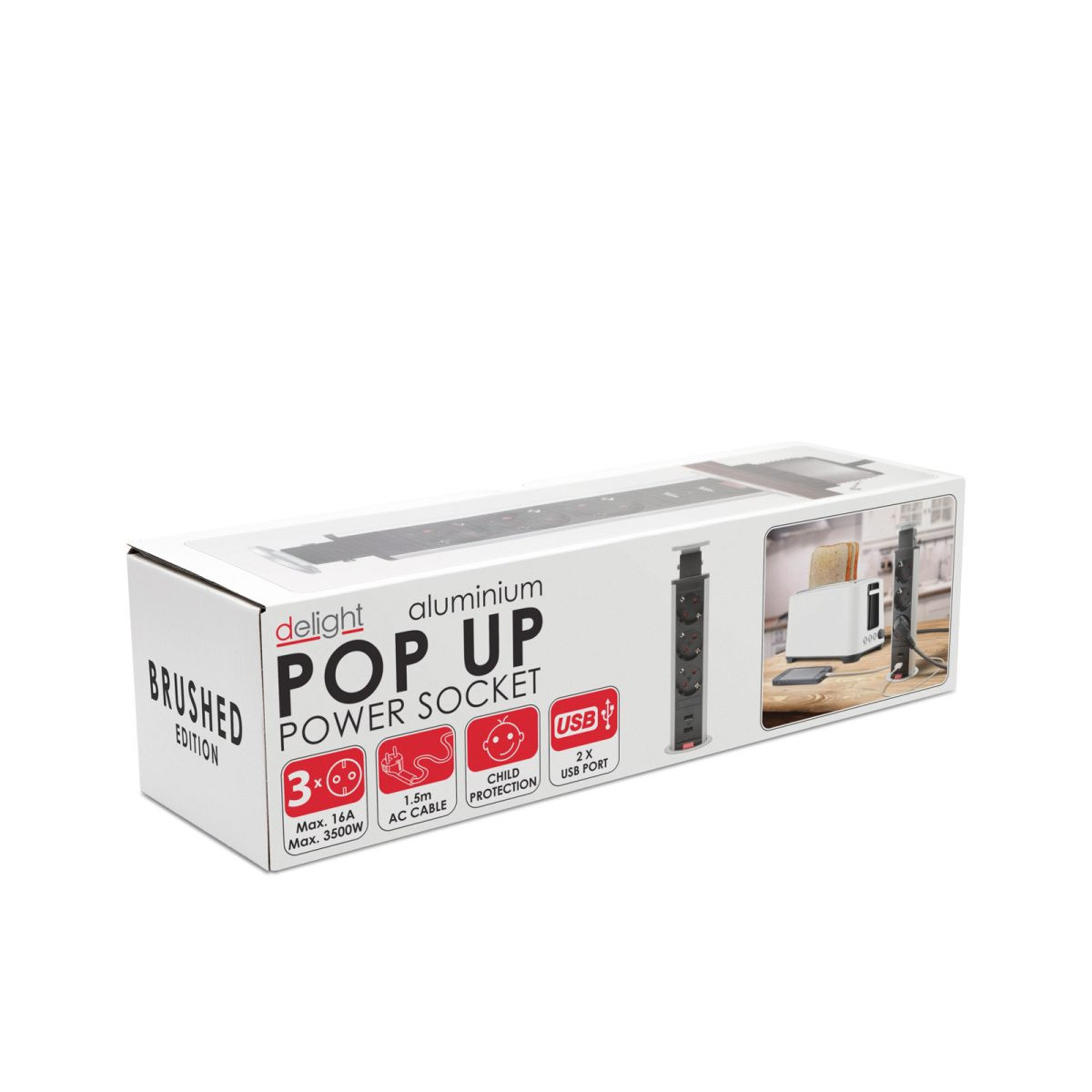 Izvlečni vgradni / potopni razdelilec 3x šuko vtičnica + 2x USB srebrna (brušena)
