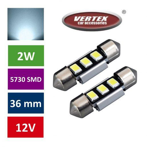 Avto LED žarnica (sijalka) C5W 36mm 3 SMD 5730 CANBUS 2W 2 kosa