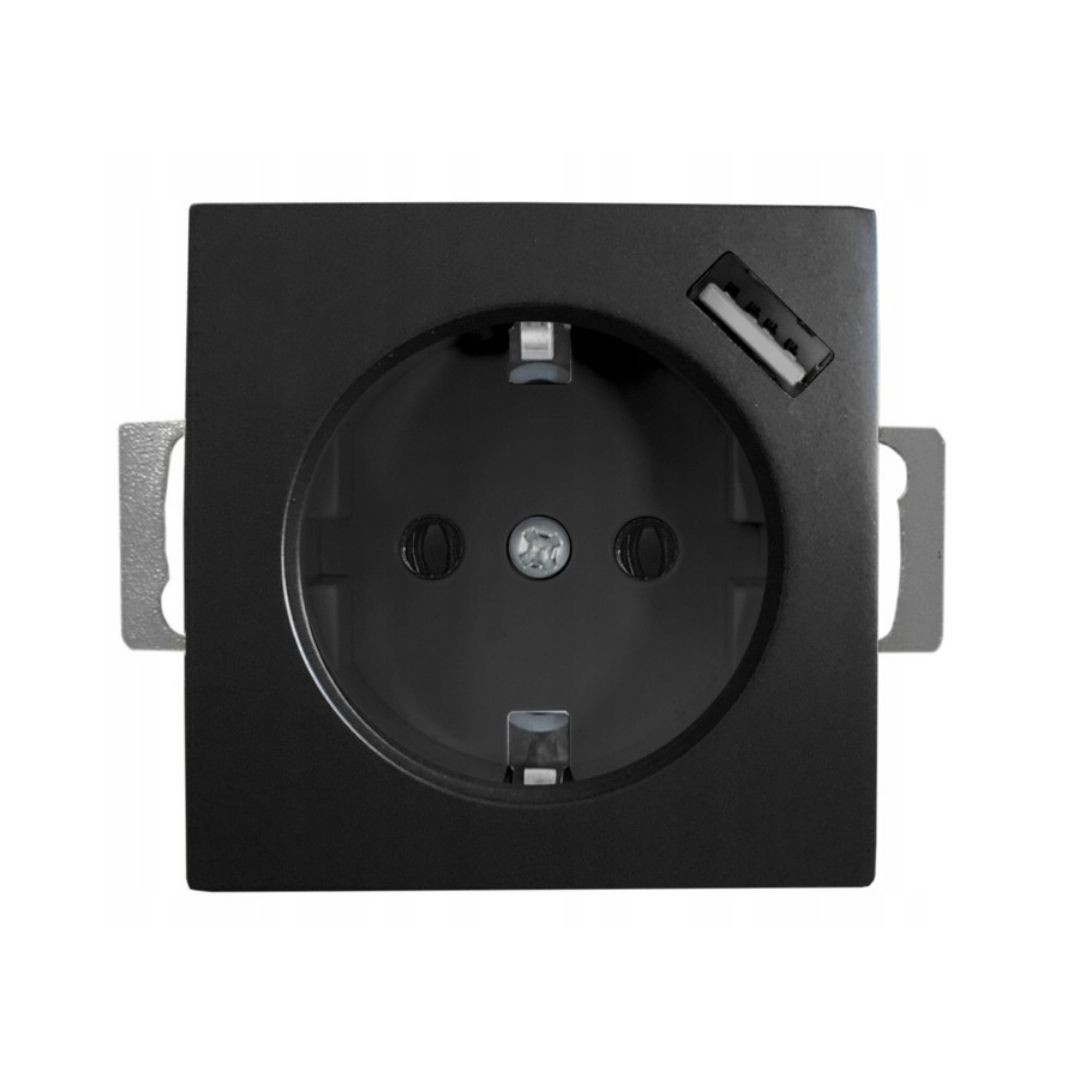 Vtičnica schuko + USB Quadra enojna brez okvirja črna 230V
