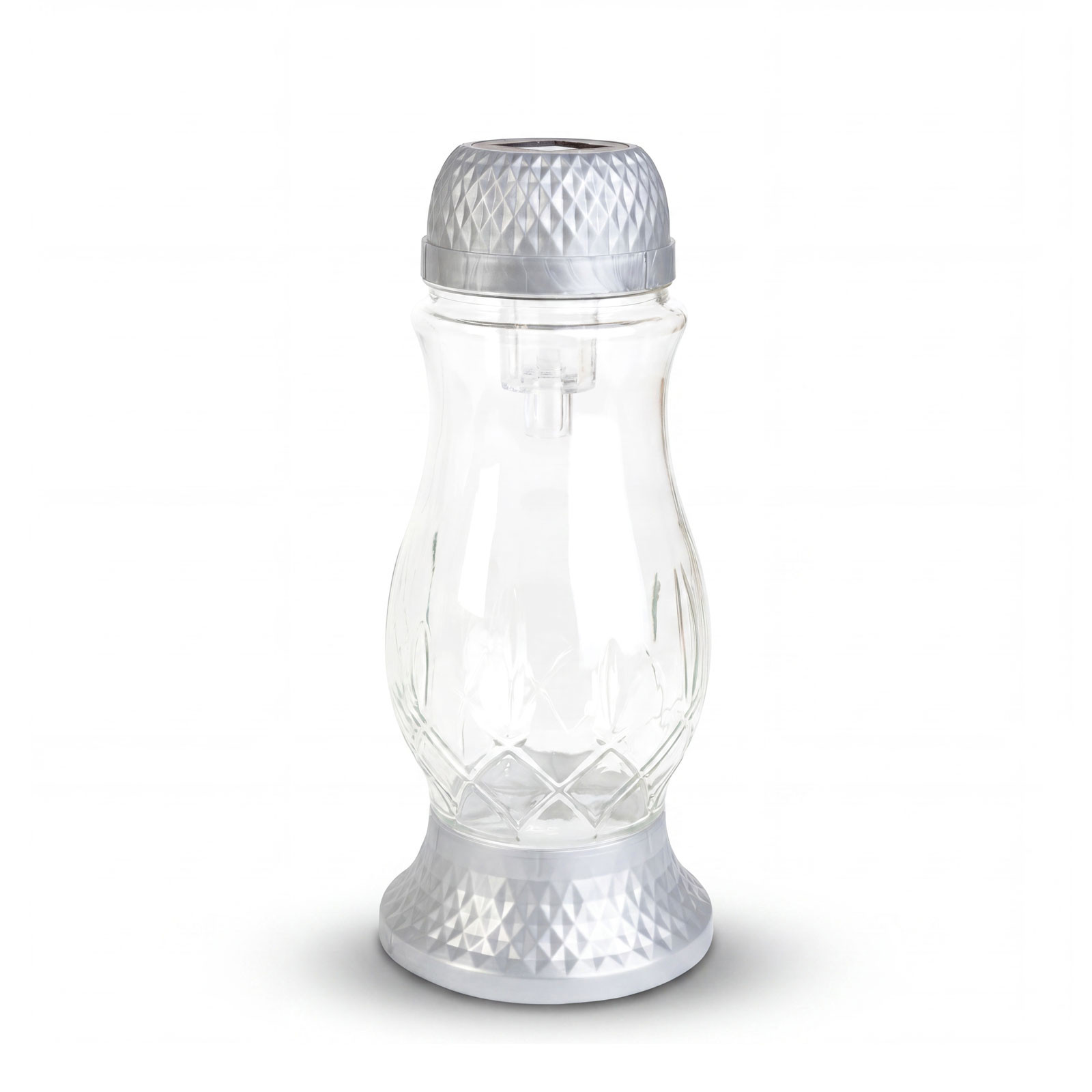 Steklena solarna nagrobna sveča s plastičnim pokrovom - 25 x 10cm - srebrna - topla bela LED